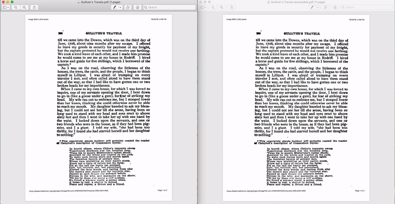 2 PDfS; the words in the first PDF can not be individually highlighted because the PDF has not gone through OCR processing. The second one allows individual highlighting because it has gone through OCR processing and is therefore, more accessible. 
