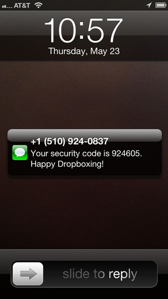Screen snap of SMS from Dropbox 