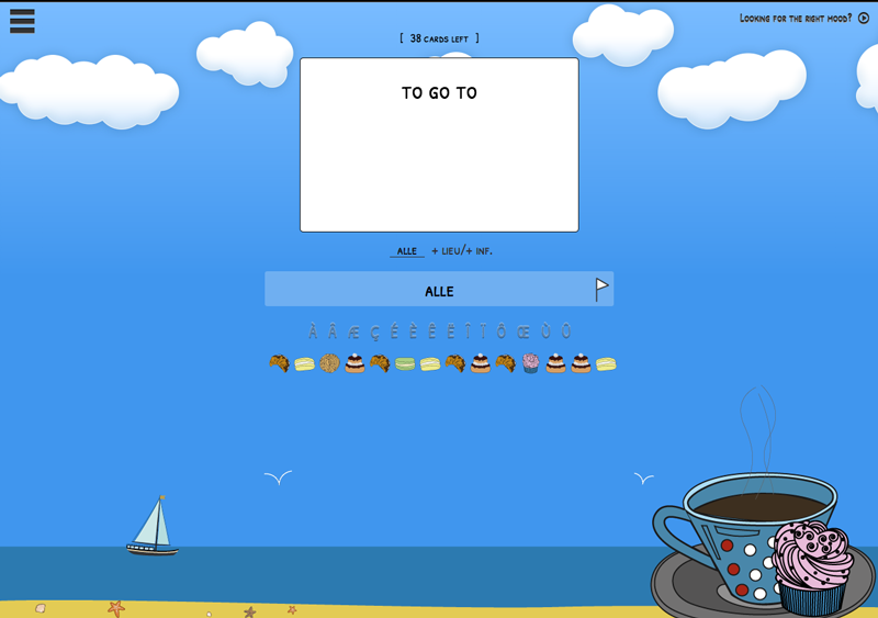 Image of online flashcard system, white flashcard against blue ocean-themed background