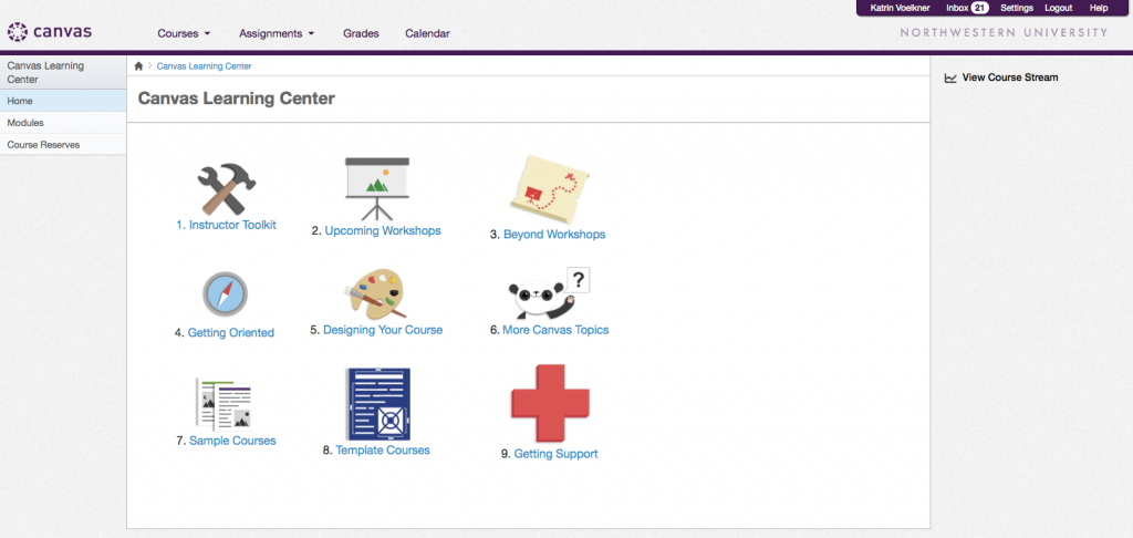 The Canvas Learning Center, hosted in Canvas. https://northwestern.instructure.com/courses/1580